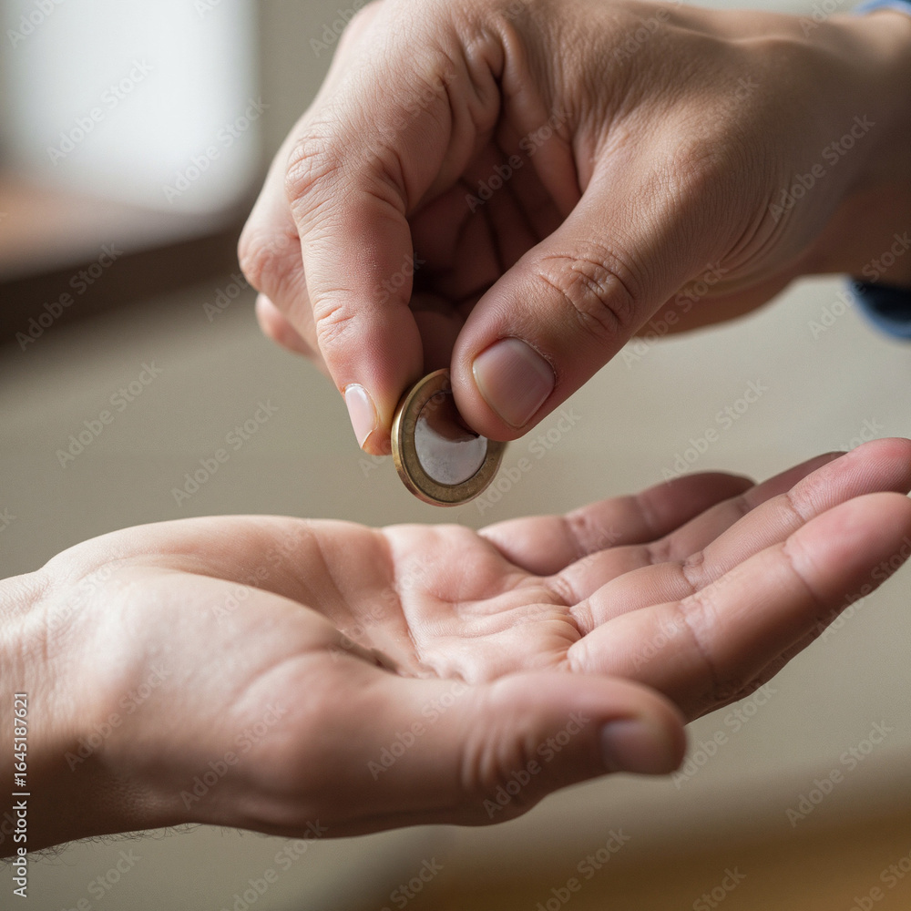 Hands exchanging a coin indoors in soft natural light Hands exchanging a coin indoors in soft natural light