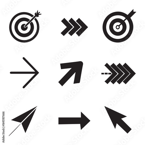 A vector illustration set of black web arrows, icons, and signs for a business direction design