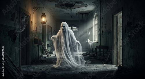 Ghostly figure in a dilapidated hallway
