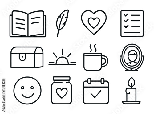 Gratitude Icon Set. Outline icon set of gratitude and reflection: open journal, feather pen, thankful heart,