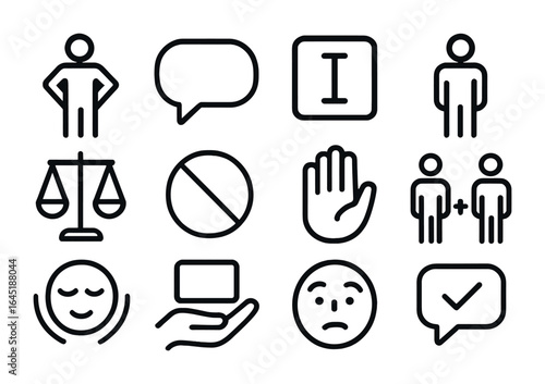 Assertive Communication Icons. Outline icon set of assertive communication: confident figure, speech bubble,