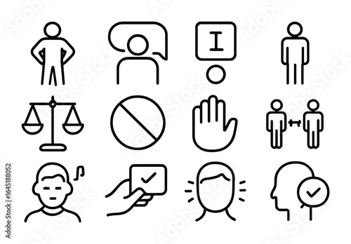 Assertive Communication Icons. Outline icon set of assertive communication: confident figure, speech bubble,