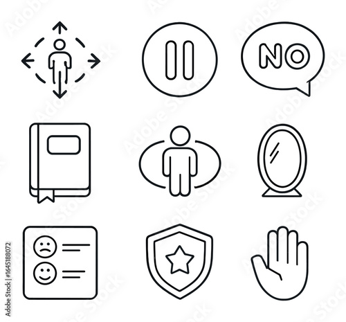 Personal Boundaries Icons. Outline icon set of personal boundaries symbols: space icon, pause sign, “no”