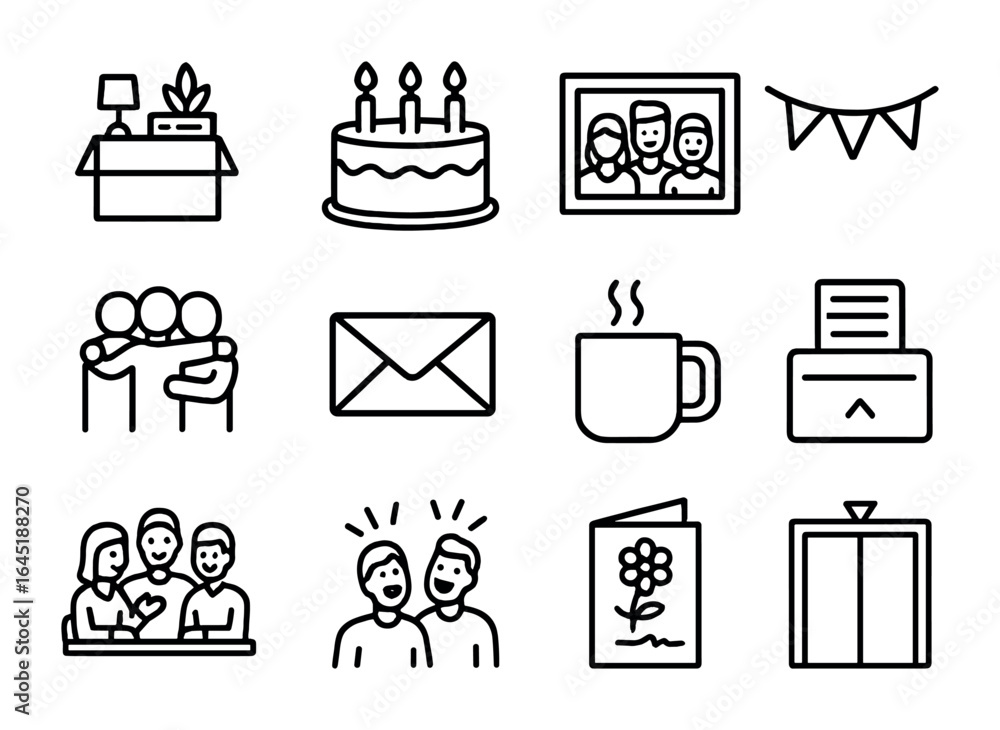 Fototapeta premium Workplace Farewell Icons. Outline icon set of workplace goodbyes: office box, farewell cake, group photo,