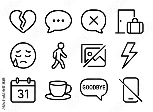 Breakup Icon Set. Outline icon set of breakups and farewells: broken heart, text bubble, closed chat, suitcase