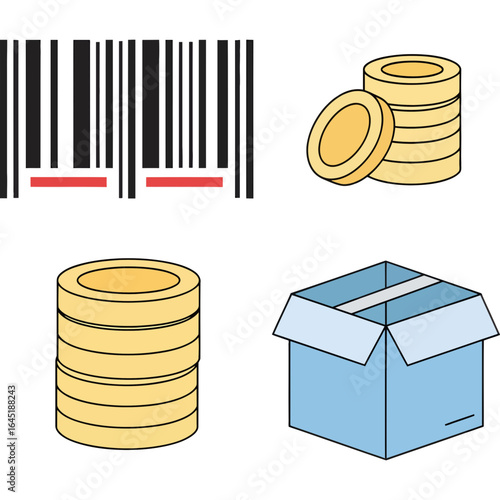 Business and Finance Icon Set with Barcode, Coins, Boxes, and Stacks for Commerce and Trading