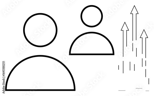 Two minimalist user profile icons beside upward arrows signify growth, collaboration, progress, improvement, team building, personal development, and achievement in a simple flat metaphor
