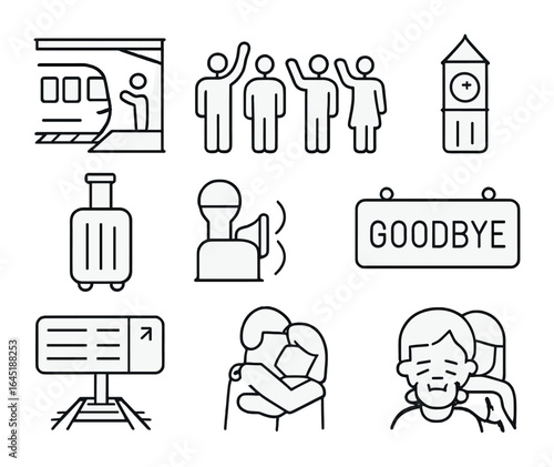 Train Station Farewell Icons. Outline icon set of farewells at the station: train platform, waving crowd,