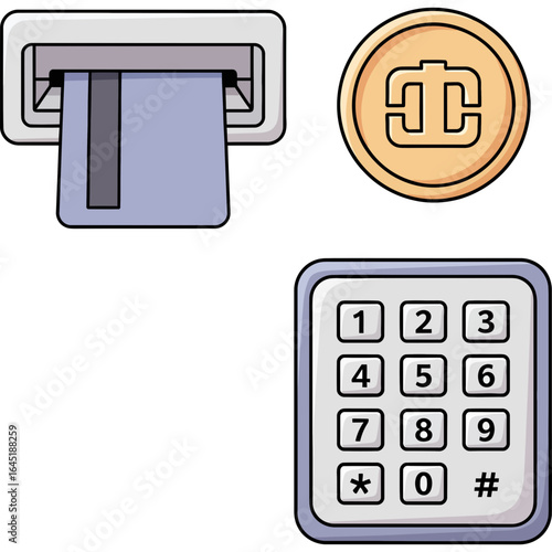 Collection of flat design financial icons showing ATM with card, currency coin, and a security keypad for banking transactions.