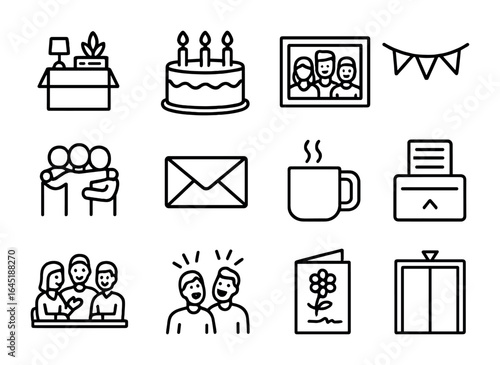 Workplace Farewell Icons. Outline icon set of workplace goodbyes: office box, farewell cake, group photo,