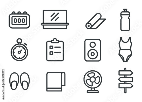 Rehearsal Tools Icons. Outline icon set of rehearsal tools: beat counter, mirror wall, warm-up mat, water