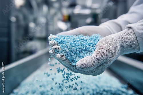 Gloved hands feeding blue plastic granules into automated production line in modern factory, showcasing industrial manufacturing and material processing technology