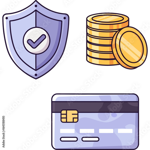 Secure Payment Icons Shield, Coins, Credit Card for Safe Transactions