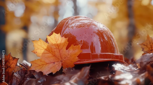 A wet orange construction helmet rests among fallen autumn leaves in a blurred outdoor setting