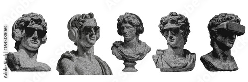 Set of greek statues wearing sunglasses, headphones and VR glasses halftone grunge vector design elements
