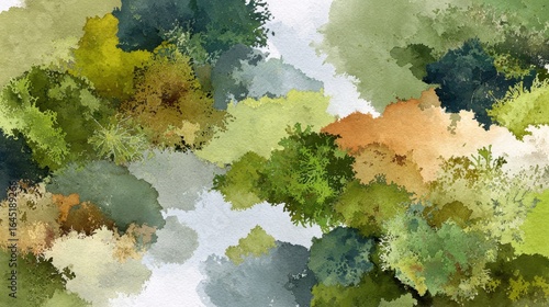 Watercolor Forest: A tranquil watercolor illustration of a forest canopy showcases the interplay of light and shadow amidst the vibrant green and earthy tones of the trees.