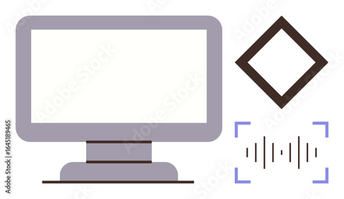 Desktop monitor with soundwave symbol inside focus brackets and a black diamond shape. Ideal for technology, software, screen display, sound design, audio editing, digital tools, simple flat metaphor