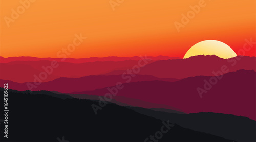 Minimalist vector illustration of a vivid sunset over layered mountain silhouettes, with deep red and black tones under a glowing orange sky, creating a dramatic yet peaceful scene.