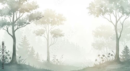 Misty Forest Landscape with Watercolor Painting Texture