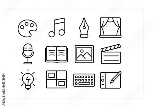 Creative Aspirations Icons. Outline icon set of creative aspirations: art palette, music note, script pen,