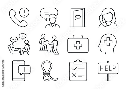 Crisis Support Icons. Outline icon set of crisis support systems: emergency hotline, counselor icon, safe