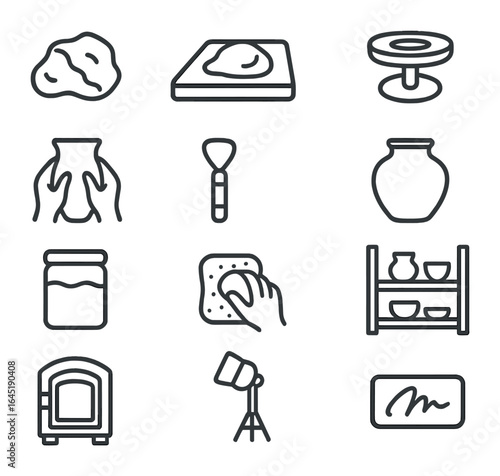 Pottery Process Icons. Outline icon set of handmade pottery process: raw clay, wedging board, potter’s wheel,