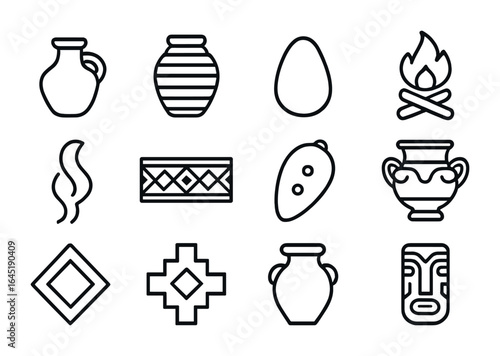 Traditional Ceramic Icons. Outline icon set of traditional ceramic crafts: earthen pot, coiled vase,