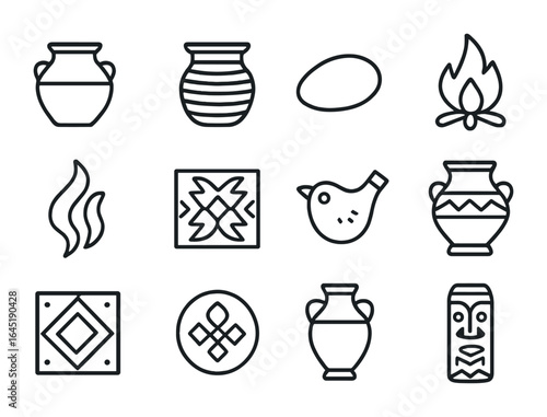 Traditional Ceramic Icons. Outline icon set of traditional ceramic crafts: earthen pot, coiled vase,