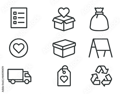Downsizing Icon Set. Outline icon set of downsizing process: item list, donation box, trash bag, keep icon,