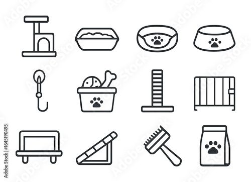 Pet-Friendly Home Icons. Outline icon set of pet-friendly tiny homes: cat perch, litter box, small dog bed,