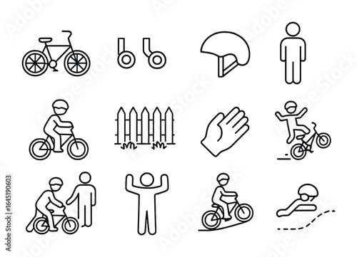 Biking Lesson Icons. Outline icon set of father teaching child to ride a bike: bicycle, training wheels,