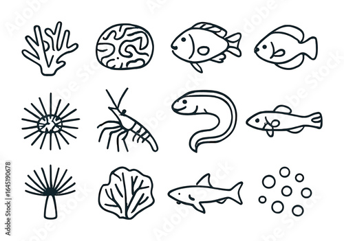 Coral Reef Icon Set. Outline icon set of coral reef biodiversity: branching coral, brain coral, parrotfish,