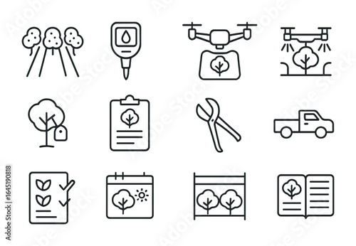 Orchard Management Icons. Outline icon set of orchard management: orchard rows, soil tester, drone view,