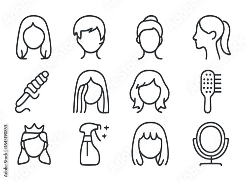 Fashion Hair Icon Set. Outline icon set of fashion hair trends: ombre hair, pixie cut, bun top, sleek ponytail