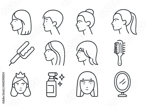 Fashion Hair Icon Set. Outline icon set of fashion hair trends: ombre hair, pixie cut, bun top, sleek ponytail