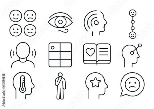 Emotion Recognition Icons. Outline icon set of recognizing emotions in others: emotion faces, eye for emotion,