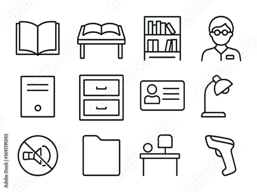 Library Icon Set. Outline icon set of libraries and reading rooms: open book, reading table, shelf, librarian,