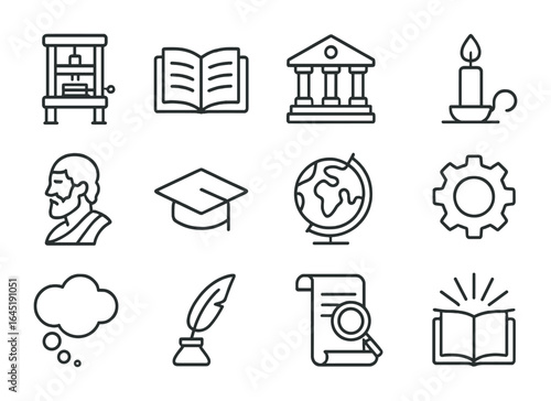 Intellectual Revolution Icons. Outline icon set of intellectual revolution: printing press, open book,