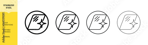 Stainless Steel Surface Cleaning Icon Set, Linear Style, Shine Effect, Vector Illustration