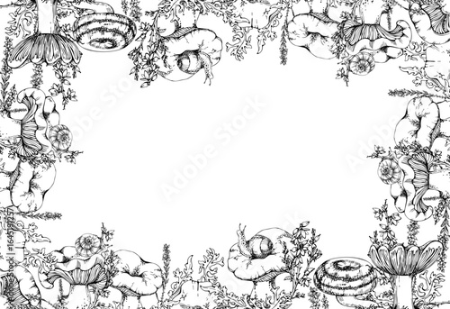 Russula webcap mushroom, snail on top, heather flowers, moss lichen growth. Border frame illustration hand drawn in vector ink. Forest floor, moorland ecosystem. Wild food home preserves labels tags