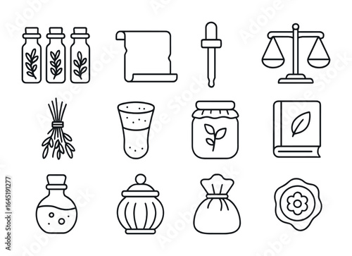 Apothecary Icon Set. Outline icon set of apothecary herbs: glass vials, scroll label, tincture dropper,