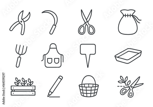 Herb Harvesting Icons. Outline icon set of herb harvesting tools: pruner, curved blade, garden scissors,