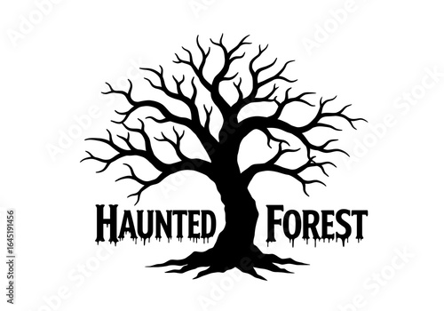 Spooky Haunted Forest Tree Silhouette with Dripping Text