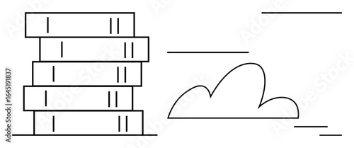 Stack of books placed beside a simple cloud outline. Ideal for education, knowledge, digital library, cloud storage, e-learning, creativity, intellectual growth. Minimal simple flat metaphor