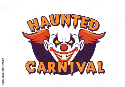 Cartoon Haunted Carnival Clown with Orange Hair and Evil Smile