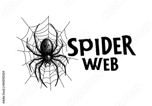Detailed Spider on Web Illustration with Text "Spider Web"