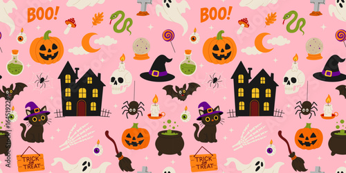 A Halloween themed pattern with a pink background. The pattern includes a variety of Halloween symbols such as pumpkins, skulls, bats, and witches