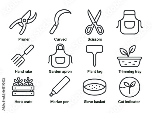 Herb Harvesting Icons. Outline icon set of herb harvesting tools: pruner, curved blade, garden scissors,