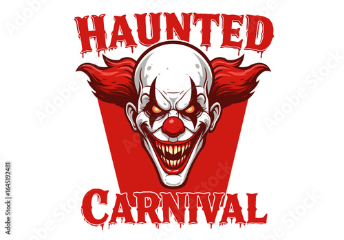 Creepy Clown Face with Red Hair and Sharp Teeth for Haunted Carnival