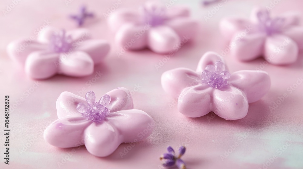 Delicate, pink flower-shaped treats on a pastel pink surface Delicate, pink flower-shaped treats on a pastel pink surface